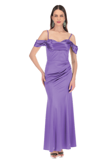 Vestido largo talle con varillas pespunteadas y falda sirena con cortes.