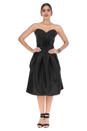 Vestido midi escote corazón fajilla y falda semi A con tablones unidos.