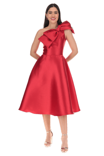 Vestido midi de un hombro de falda línea A con moño en escote.