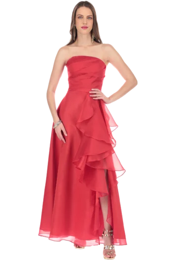 Vestido Dama de Honor Escote Strapless Organza con Olanes