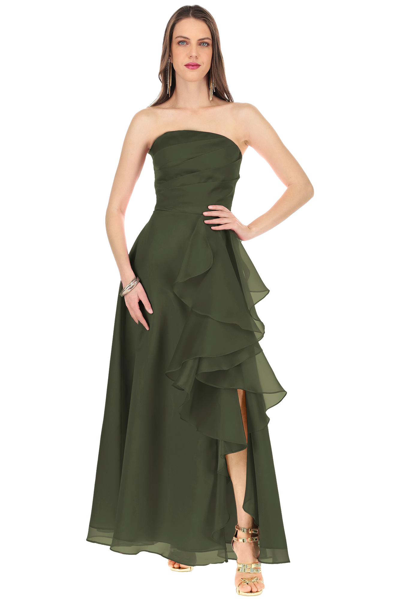 Vestido Dama de Honor Strapless con Olanes