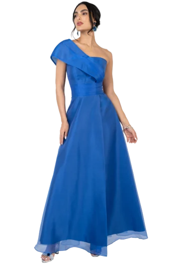 Vestido de Gala Azul en Organza – Escote Asimétrico y Falda Línea A para Damas de Honor