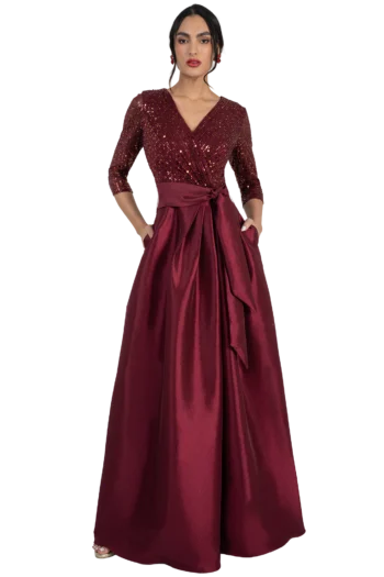 Vestido de Gala Largo Color Vino con Lentejuela y Manga 3/4 - Vino, 10