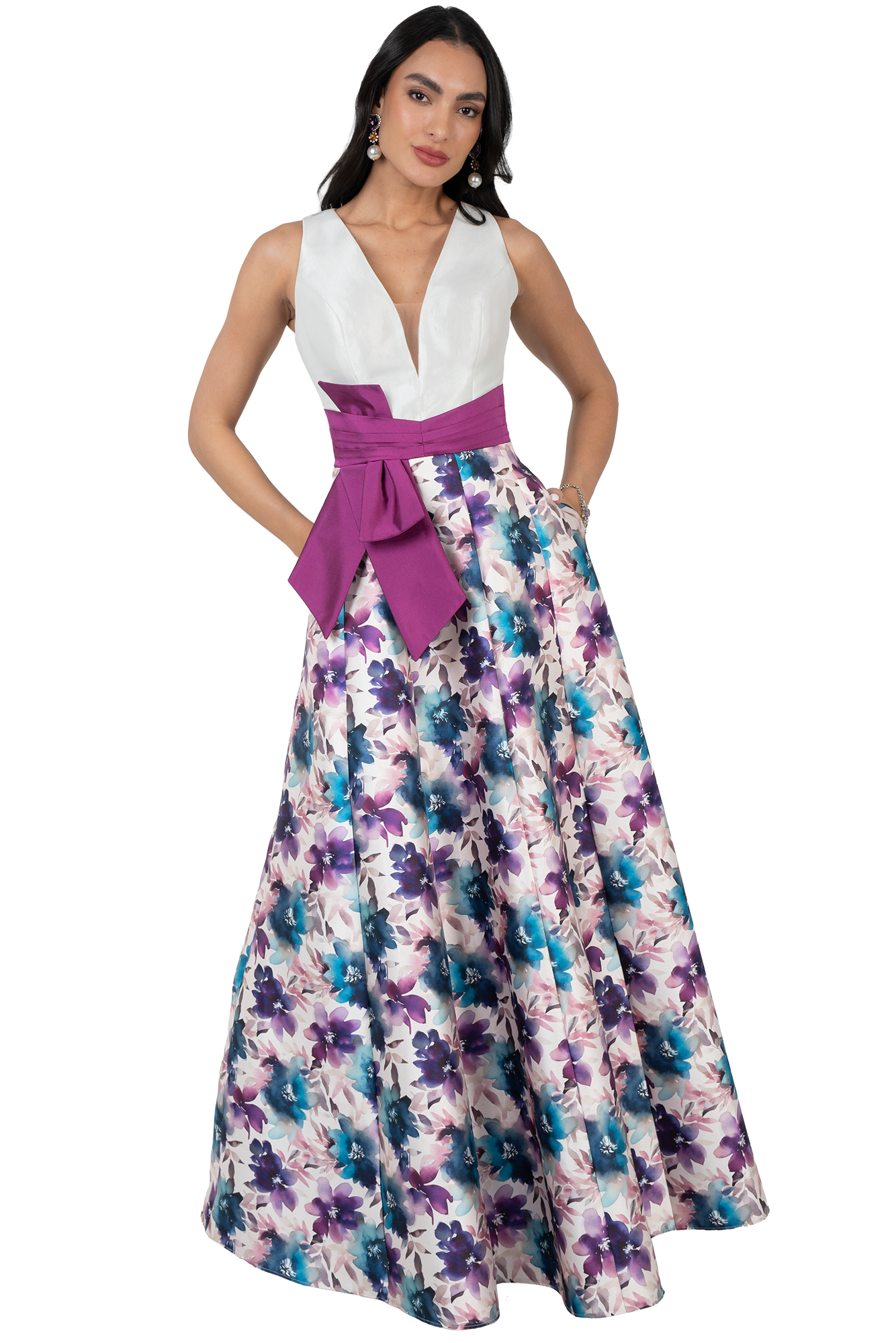 Vestido de Gala en Tafeta Stretch Estampada con Cinturón y Bolsillos