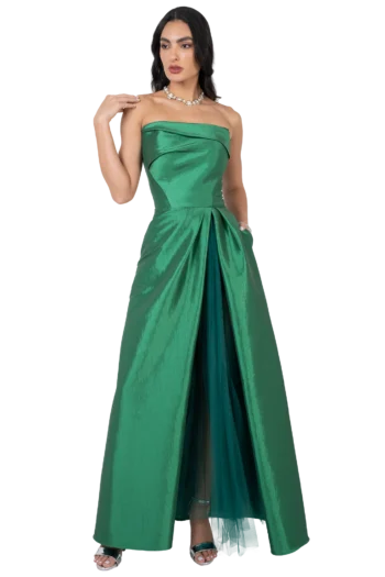 Vestido Largo de Gala Strapless con Tull Plisado