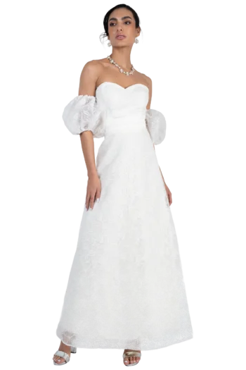 Vestido de Novia en Organza Bordada con Mangas Desmontables