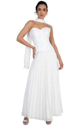 Vestido de Novia Couture Strapless con Corset Bordado y Falda Plisada en Chiffon