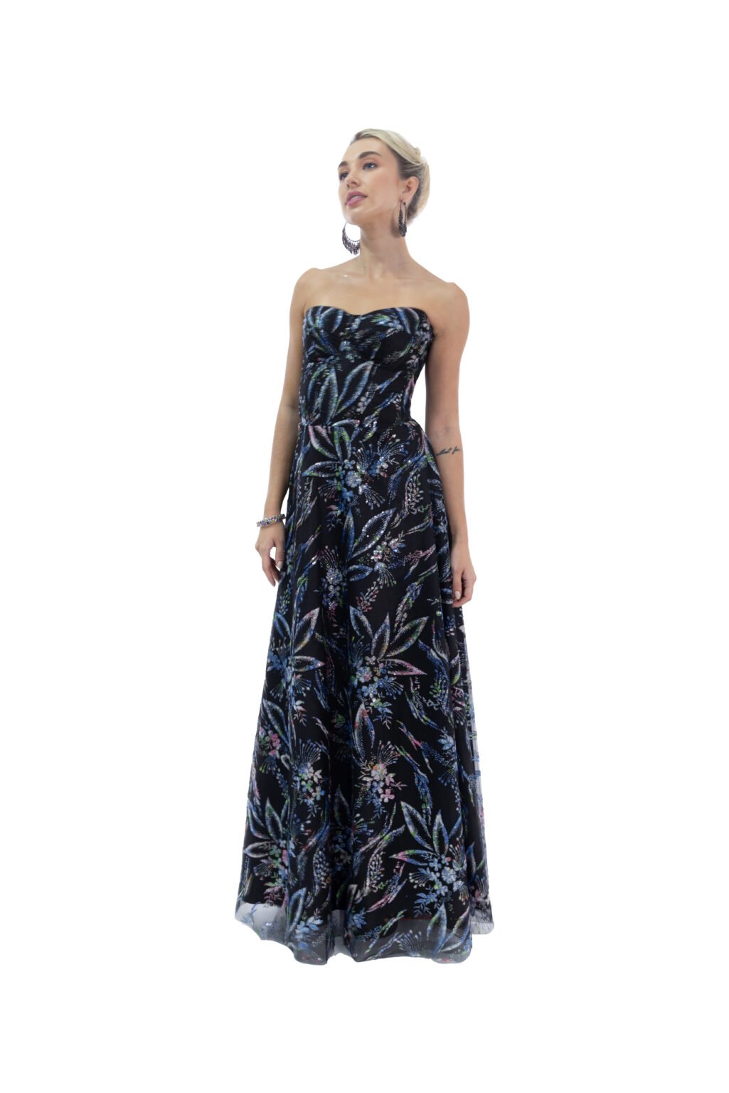 Vestido largo talle corsette cortado a la cintura con tirantes anchos falda line A.