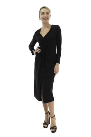 Vestido largo escote en V, drapeado, falda con abertura