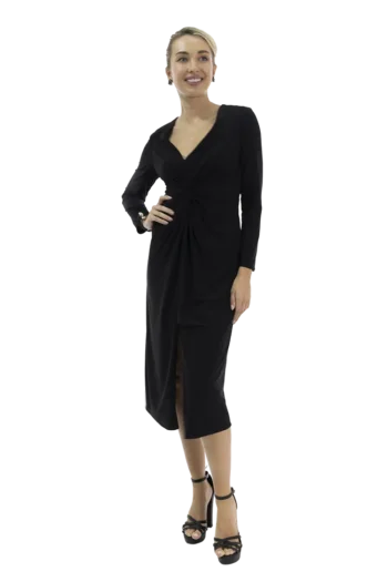 Vestido largo escote en V, drapeado, falda con abertura