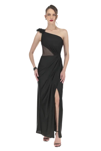 Vestido largo un hombro con flores, falda recta envolvente.