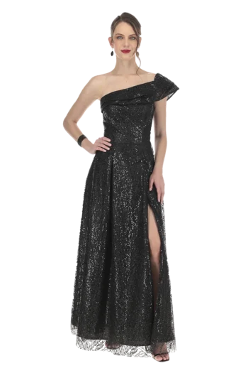 Vestido largo un hombro, talle drapeado, falda línea "A" con abertura.