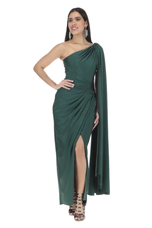 Vestido largo recto, un hombro con chal, talle y fajilla drapeada, falda envolvente