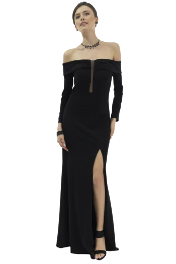 Full-length shot of a woman in a black off-shoulder evening gown with a front slit. Icy jewelry adds elegance.