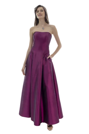 Vestido largo escote strapless palabra de honor con cortes y tablones falda en línea A