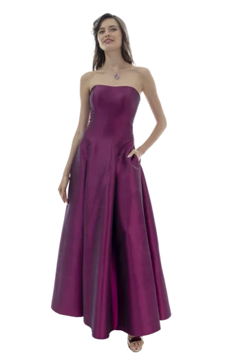 Vestido largo escote strapless palabra de honor con cortes y tablones falda en línea A