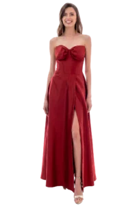 Vestido largo strapless escote corazón con moño decorativo, cuerpo tipo corsé con varillas y falda línea A con abertura, colección Massima otoño-invierno, vista frontal