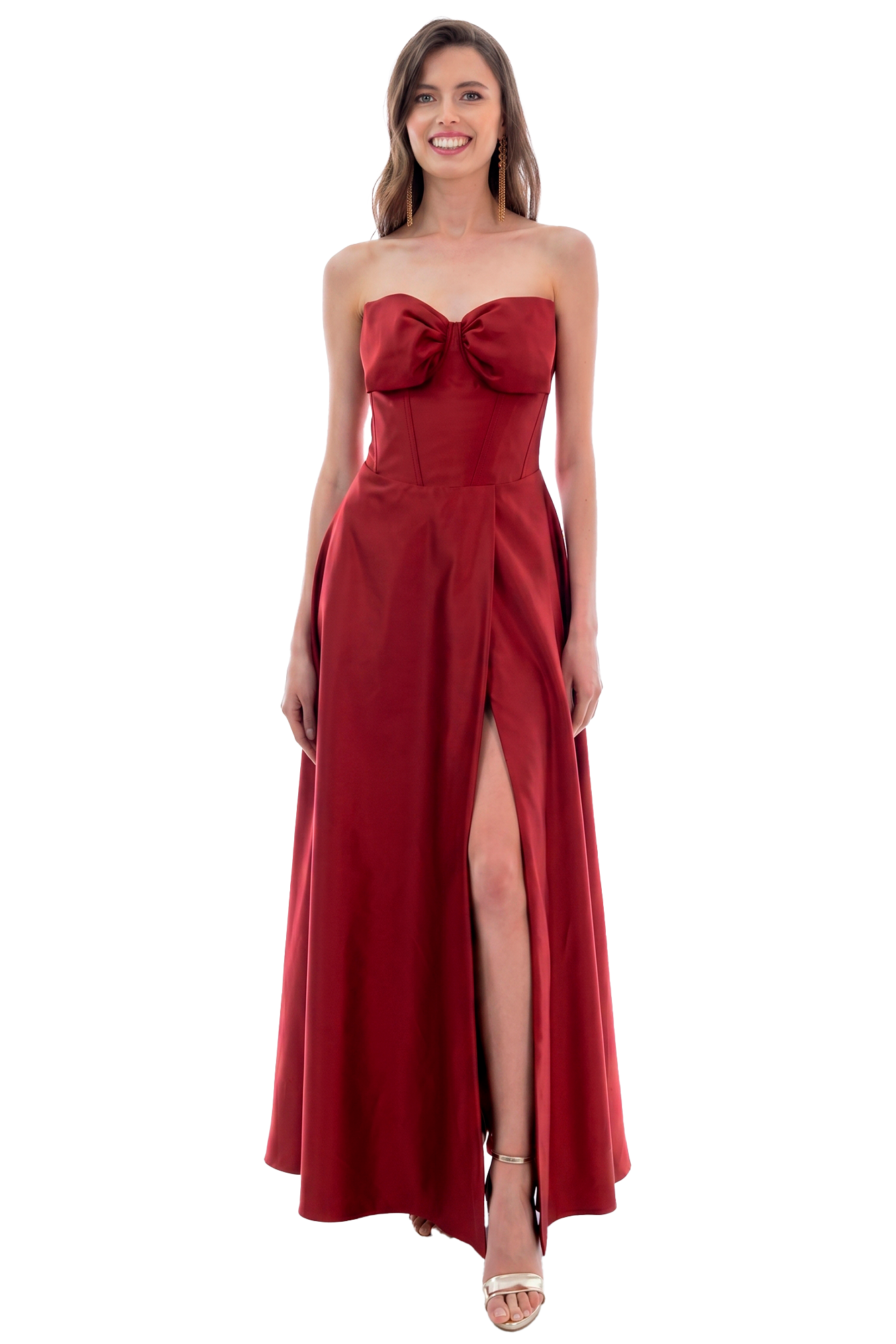 Vestido largo strapless escote corazón con moño decorativo, cuerpo tipo corsé con varillas y falda línea A con abertura, colección Massima otoño-invierno, vista frontal