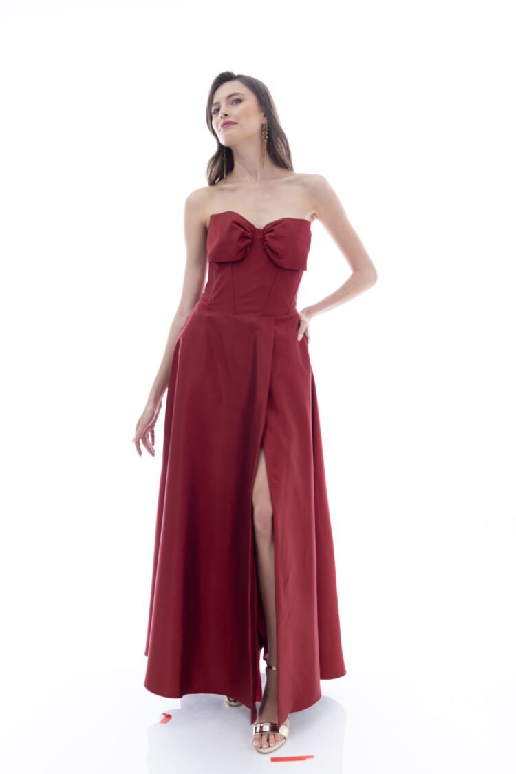 Vestido largo con strapless escote corazón con cortes tipo corsette alargado falda linea A - Image 3