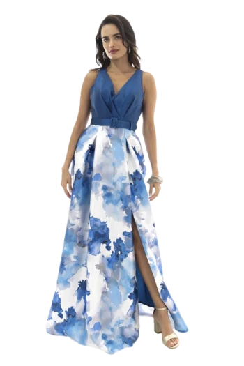 Vestido largo escote en V con cinturon y falda linea A con tablones y abetura.