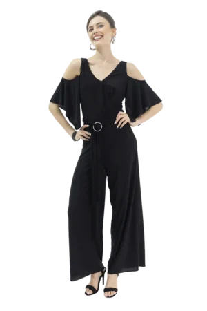 Jumpsuit con escote en V y mangas de olan, pantalón recto pretina con elástico