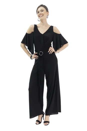 Jumpsuit con escote en V y mangas de olan, pantalón recto pretina con elástico