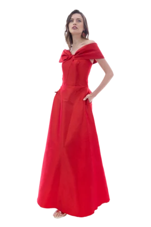 Vestido largo strapless, con moño, falda línea A