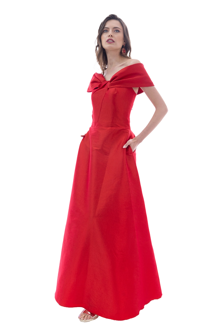 Vestido largo strapless, con moño, falda línea A
