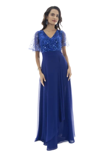 Vestido de fiesta largo, escote V y falda semi A envolvente.