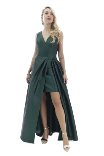 Vestido largo de fiesta escote en V con fajilla falda línea A con minifalda, abertura con tablones.