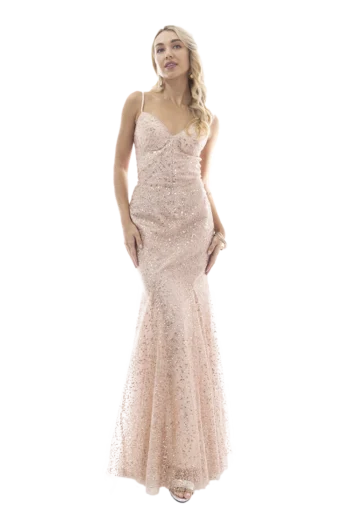 Vestido largo corte sirena con talle corset y falda de godette