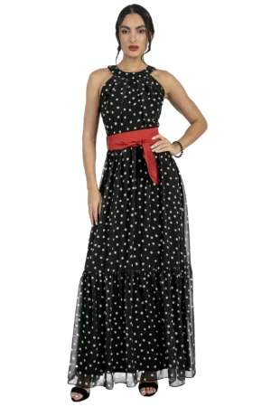 Vestido largo cuello halter con pliegues, falda estilo campirando detalle de cinta, espalda cerrada con gota