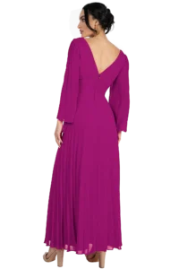 Back view of a magenta pleated evening dress with long sleeves and a deep V back, paired with gold earrings and nude heels.