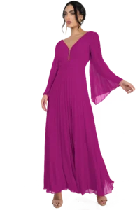 Full-length magenta evening gown with a draped waist and sheer, wide sleeves on a standing woman wearing gold earrings.