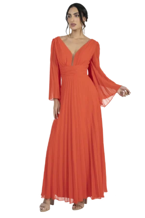 Vestido largo escote semi cisne drapeado con transparencia y fajilla ancha, falda circular con plisado solei espalda en "V"