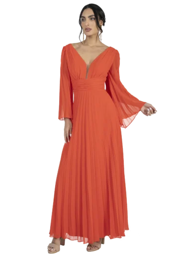 Vestido largo escote semi cisne drapeado con transparencia y fajilla ancha, falda circular con plisado solei espalda en "V"