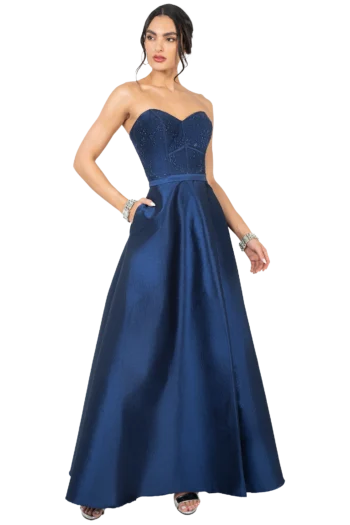 Vestido Largo de Gala con Corset y Bolsillos Escote Strapless - Azul