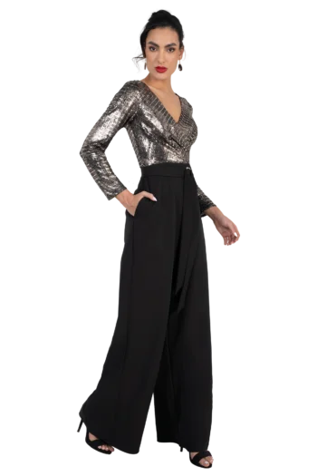 Jumpsuit de Fiesta Formal Manga Larga en Jersey Metálico