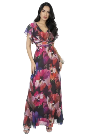 Vestido largo escote "V" con pliegue al centro fajilla con tablitas, falda circular espalda en "V" manga estilo campana