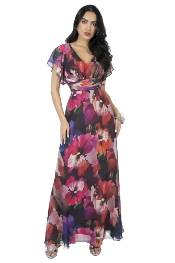 Vestido largo escote "V" con pliegue al centro fajilla con tablitas, falda circular espalda en "V" manga estilo campana