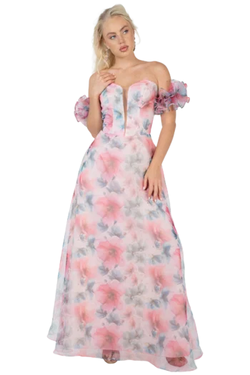 Vestido de Graduació en Organza Estampada con Mangas Desmontables