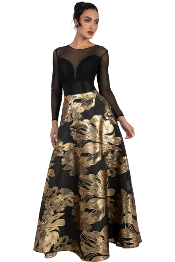 Vestido de Fiesta con Escote Corazón y Mangas de Transparencia