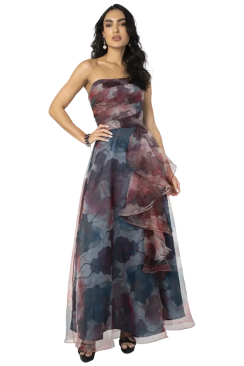 Vestido Largo de Fiesta en Organza Estampada con Olanes