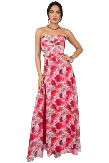 Vestido Strapless en Chiffon Estampado Fucsia