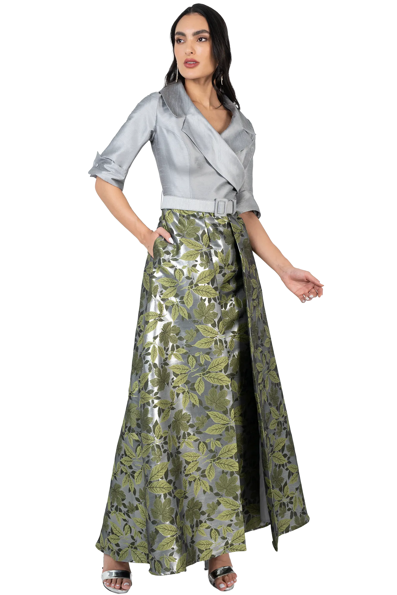 Vestido Largo de Gala en Jacquard Formal con Escote Cruzado - Image 2