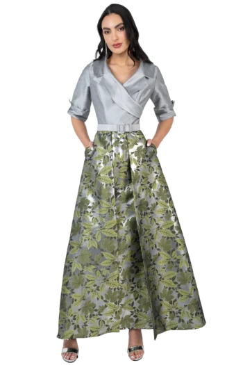 Vestido Largo de Gala en Jacquard Formal con Escote Cruzado