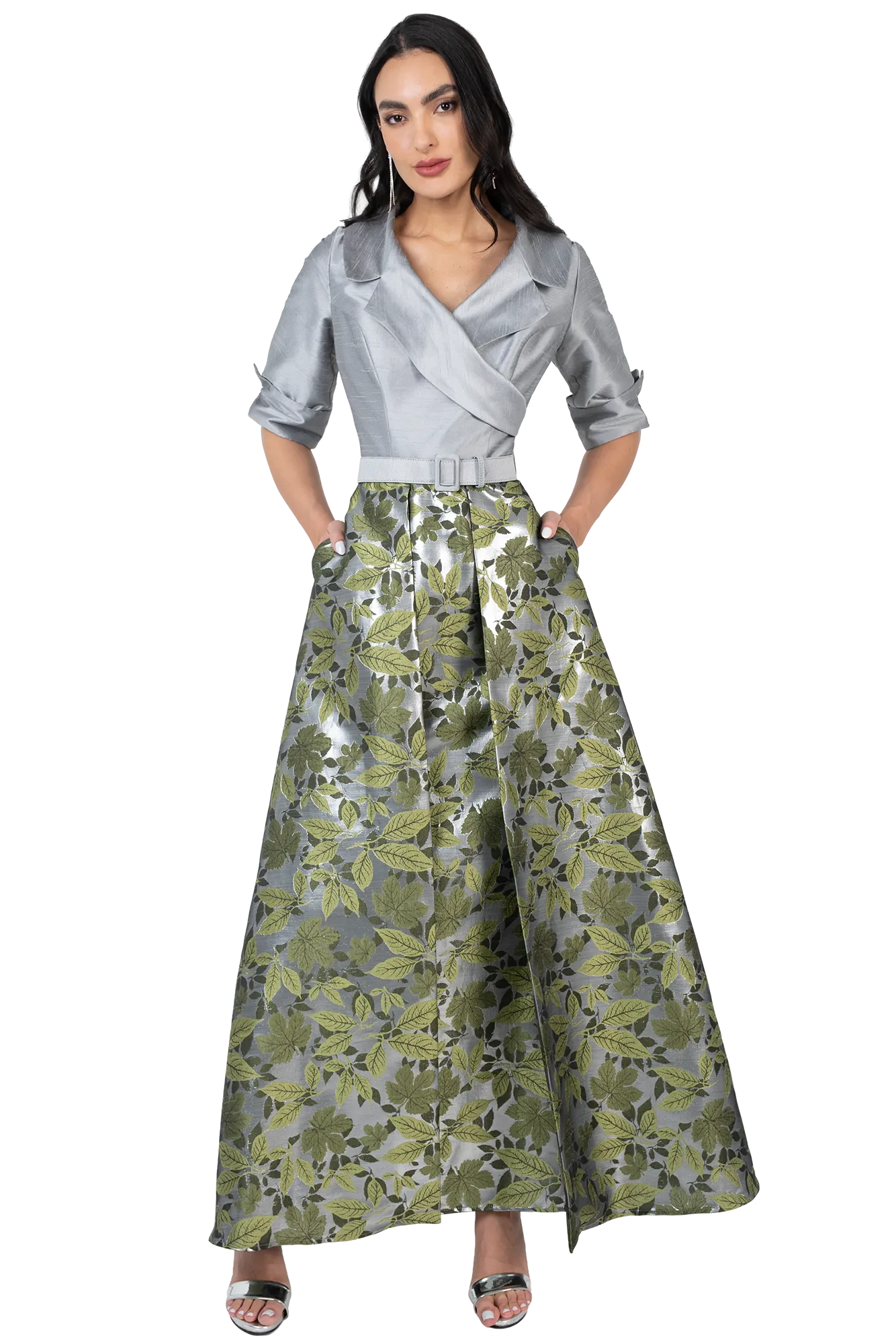 Vestido Largo de Gala en Jacquard Formal con Escote Cruzado