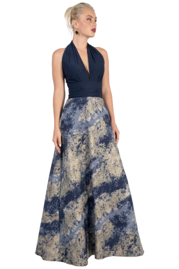 Vestido de Gala Marino en Jacquard con Bolsas y Falda Circular