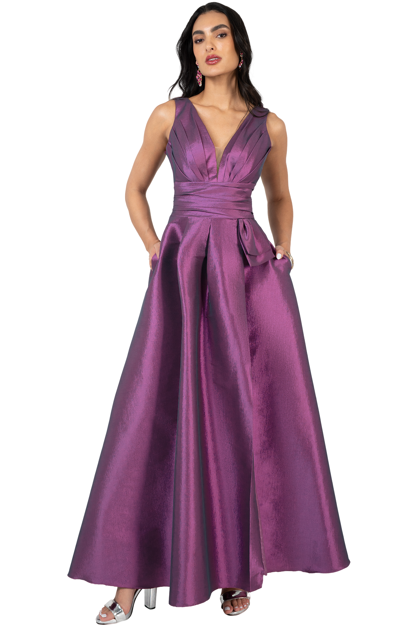 Vestido de Gala en Tafeta Strech con Bolsas