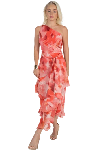 Vestido de Fiesta Asimétrico en Chiffon Estampado con Olanes